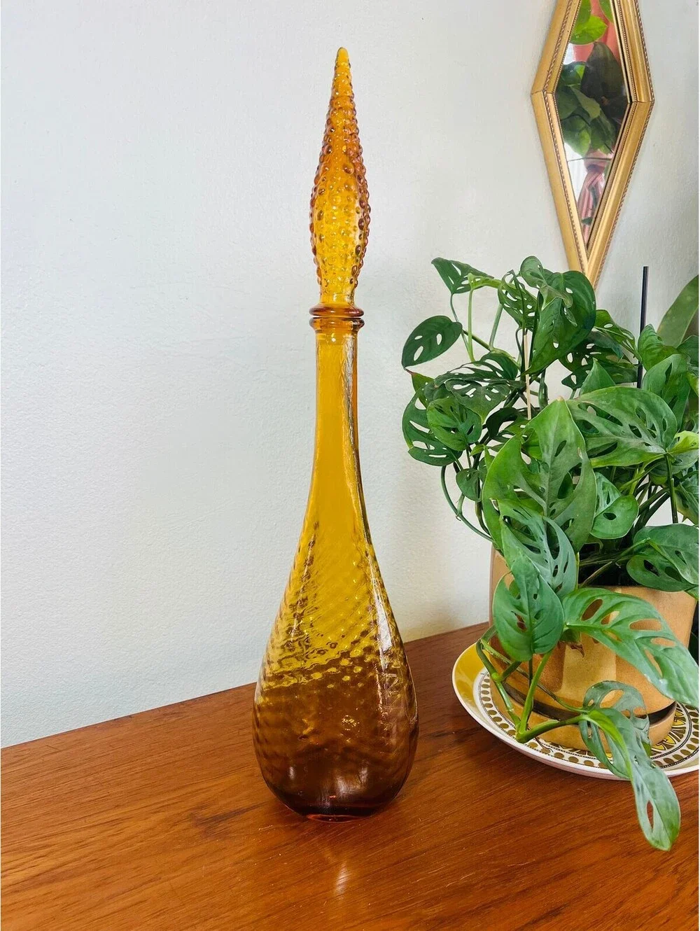 Vintage Rare Mid Century Amber Glass Empoli Genie Decanter 22” Italy MCM Glass